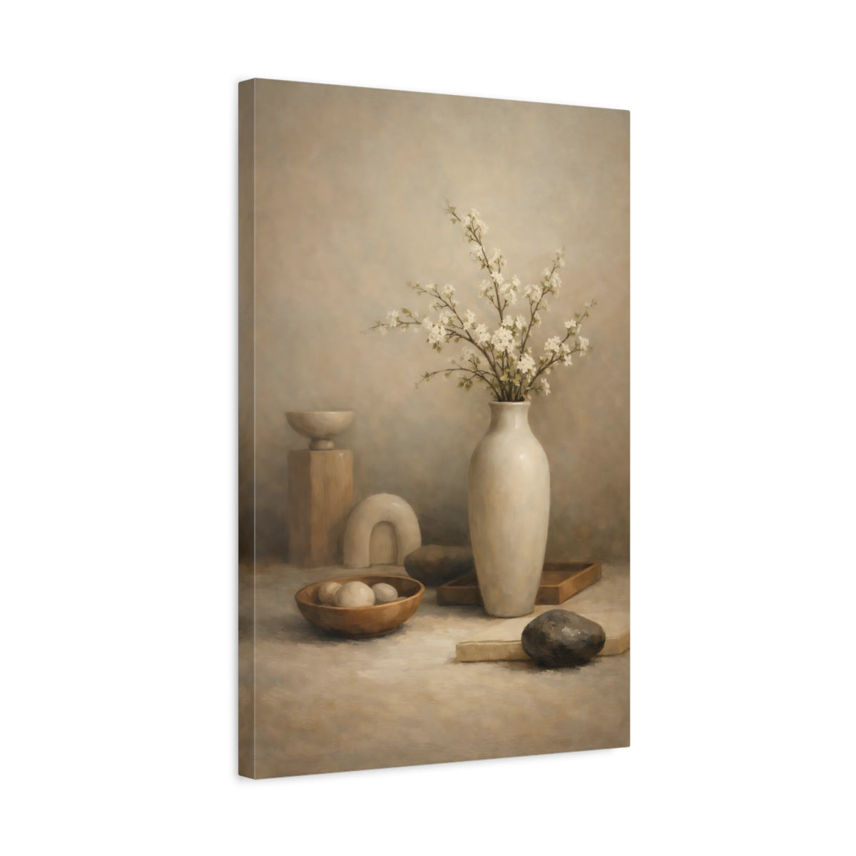 Side Mockup 3. Nature Flowering Branches Neutral Still Life shown as stretched canvas wall art