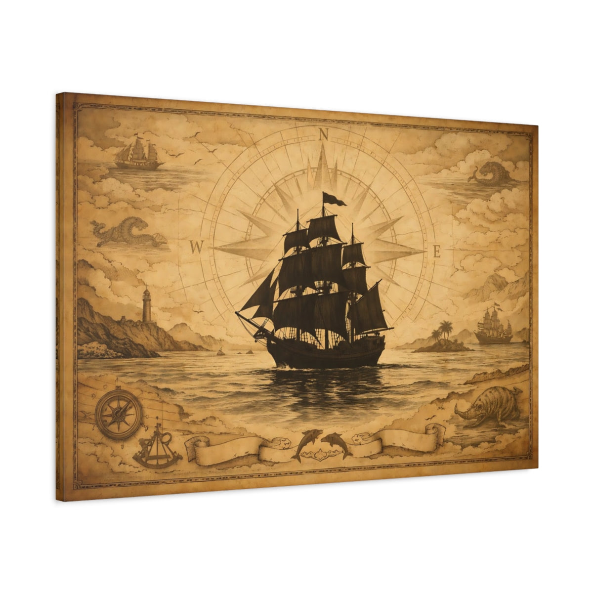 Vintage Nautical Map Sailing Ship - Canvas Wall Art Print