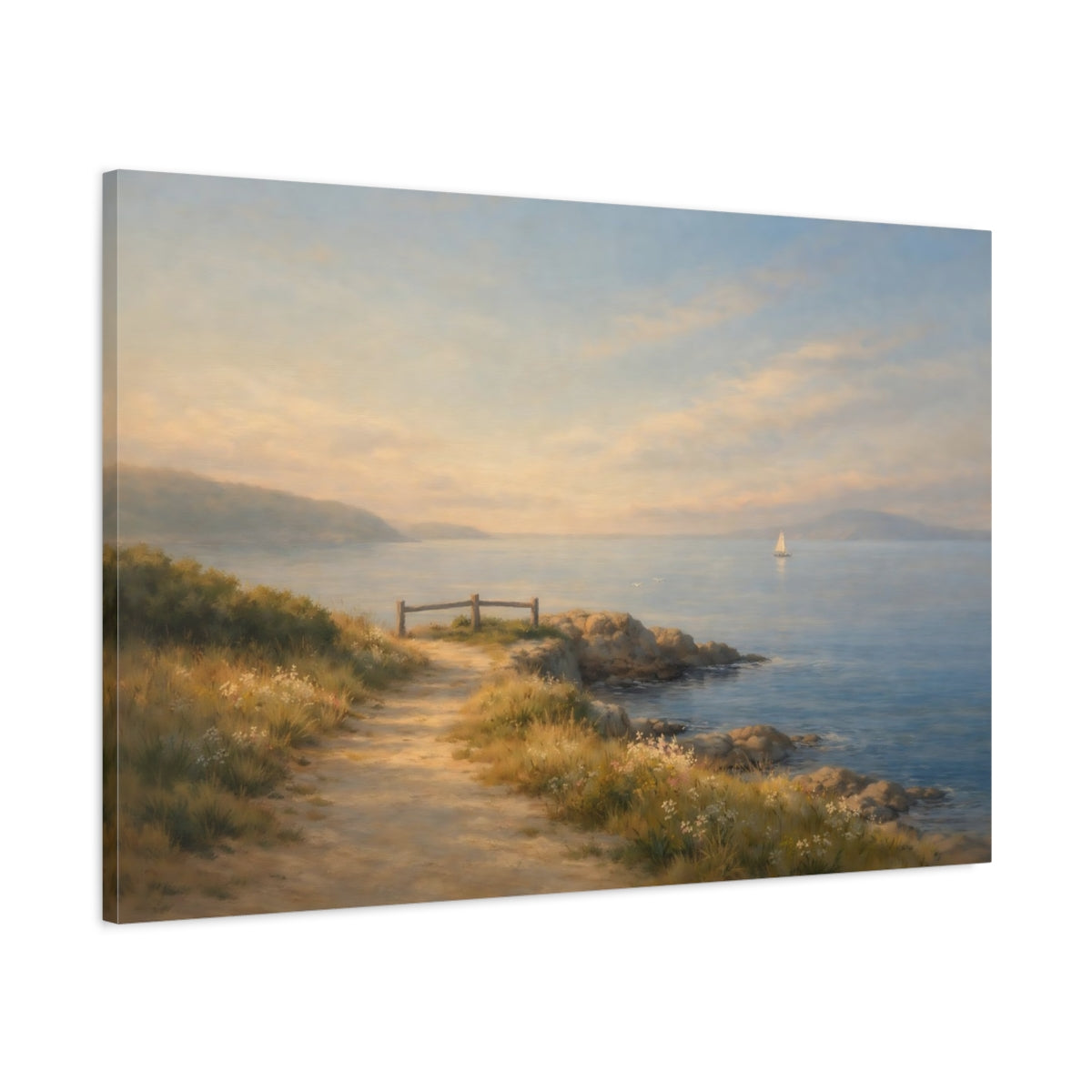 Side Mockup 1. Seascape Coastal Path Morning Walk View shown as stretched canvas wall art