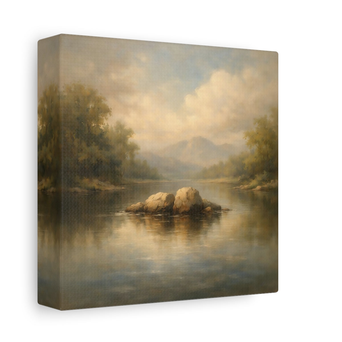 Side Mockup 1. Nature River Rocks Misty Landscape shown as stretched canvas wall art