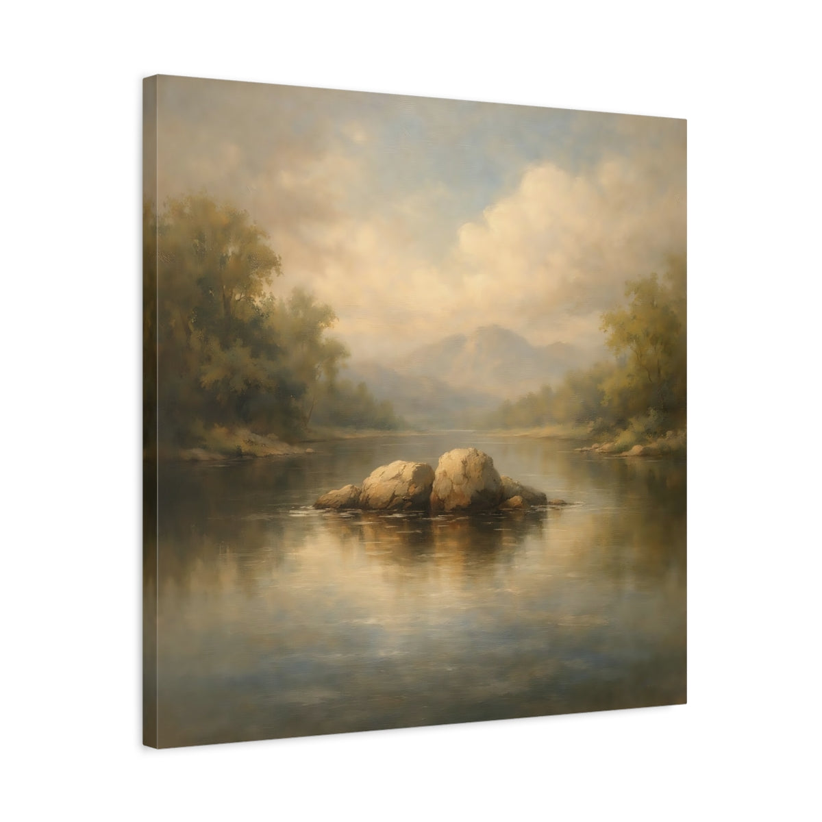 Side Mockup 4. Nature River Rocks Misty Landscape shown as stretched canvas wall art