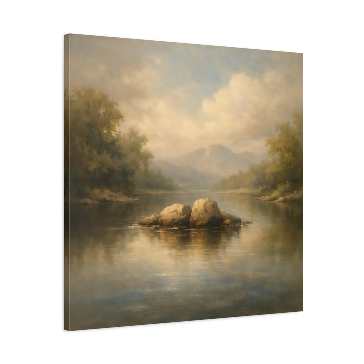Side Mockup 3. Nature River Rocks Misty Landscape shown as stretched canvas wall art