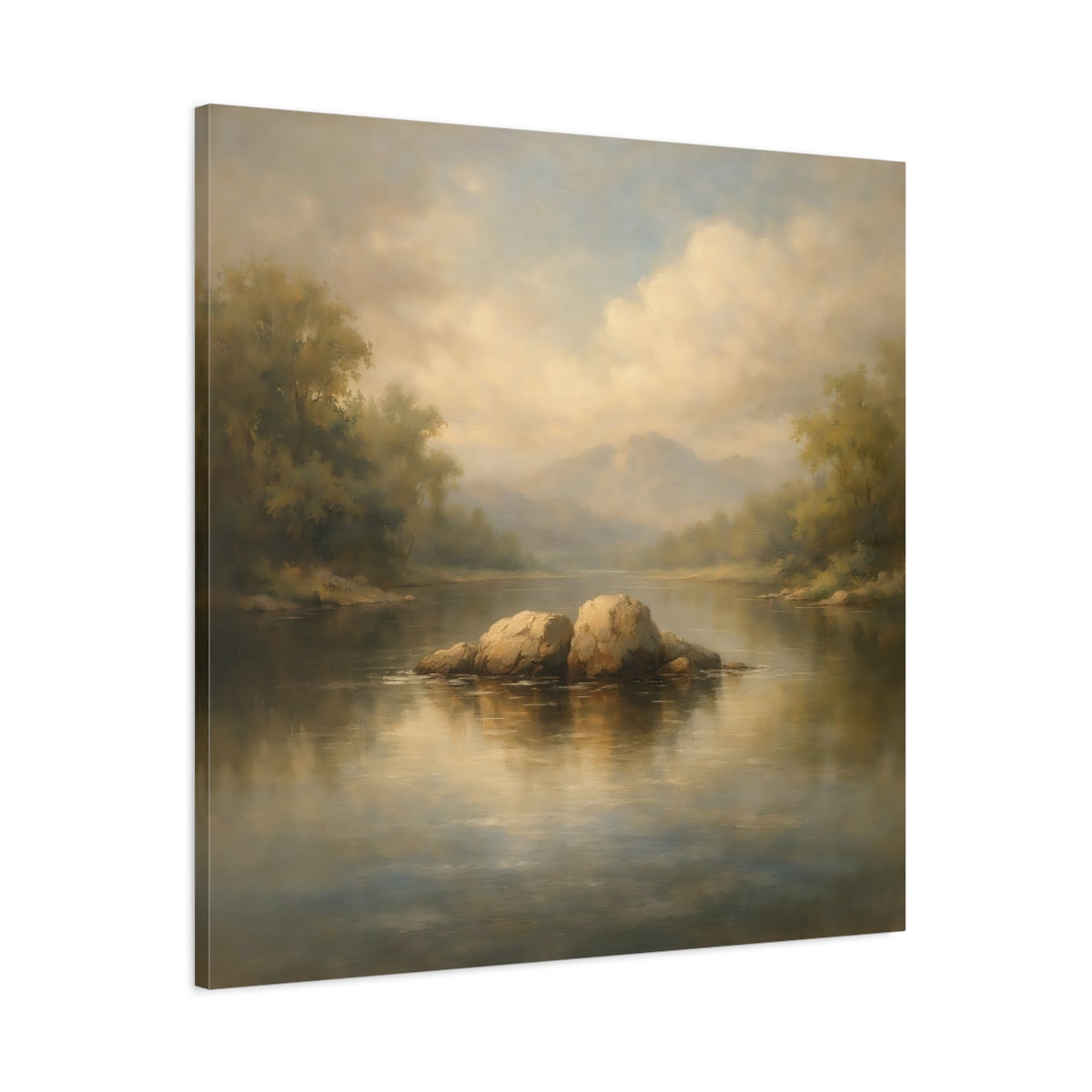 Side Mockup 2. Nature River Rocks Misty Landscape shown as stretched canvas wall art