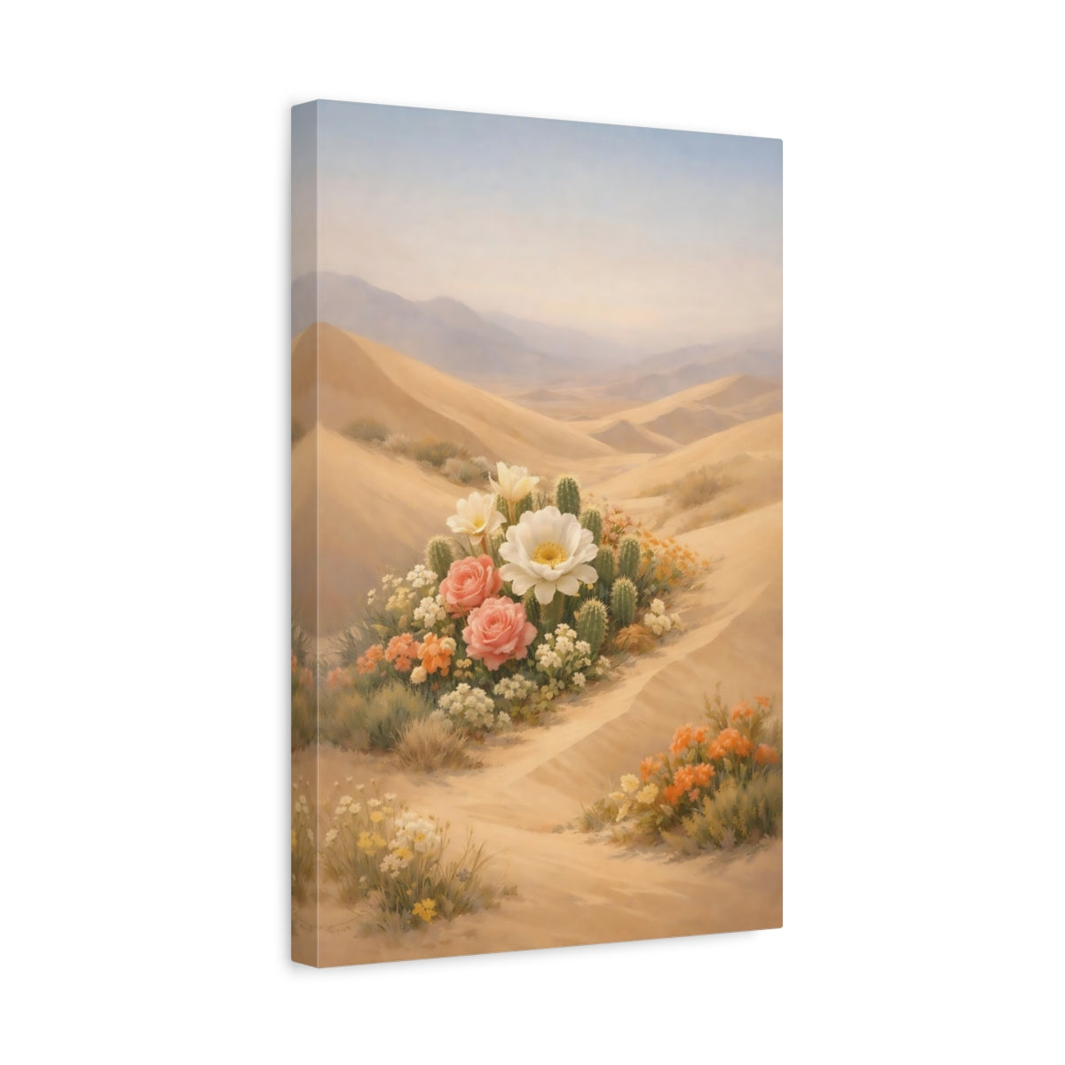 Side Mockup 4. Nature Desert Flowers Desert Flowers Landscape shown as stretched canvas wall art