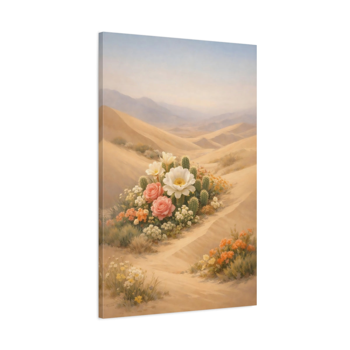 Side Mockup 1. Nature Desert Flowers Desert Flowers Landscape shown as stretched canvas wall art