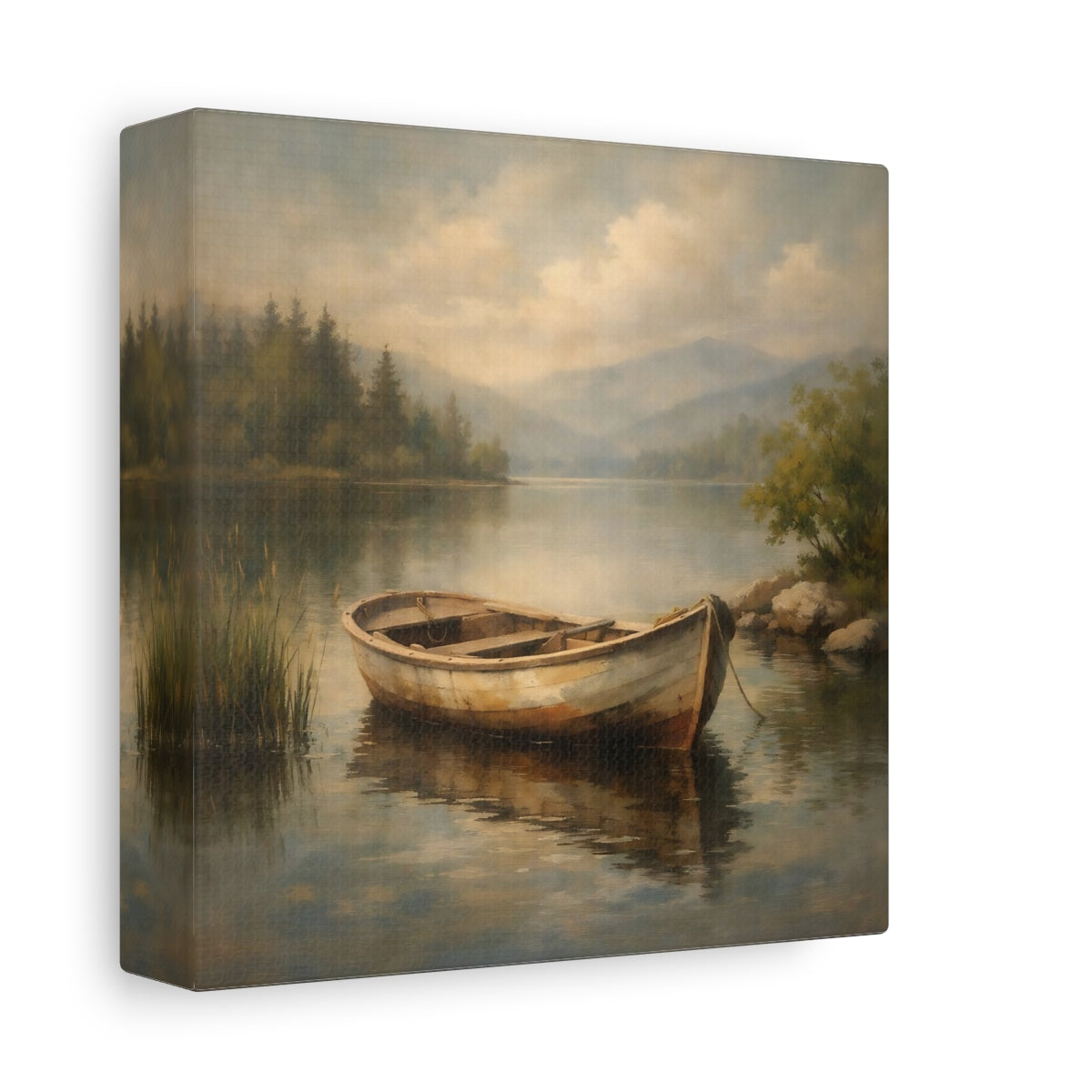 Side Mockup 1. Nature Rowboat Rowboat Lake Scene shown as stretched canvas wall art