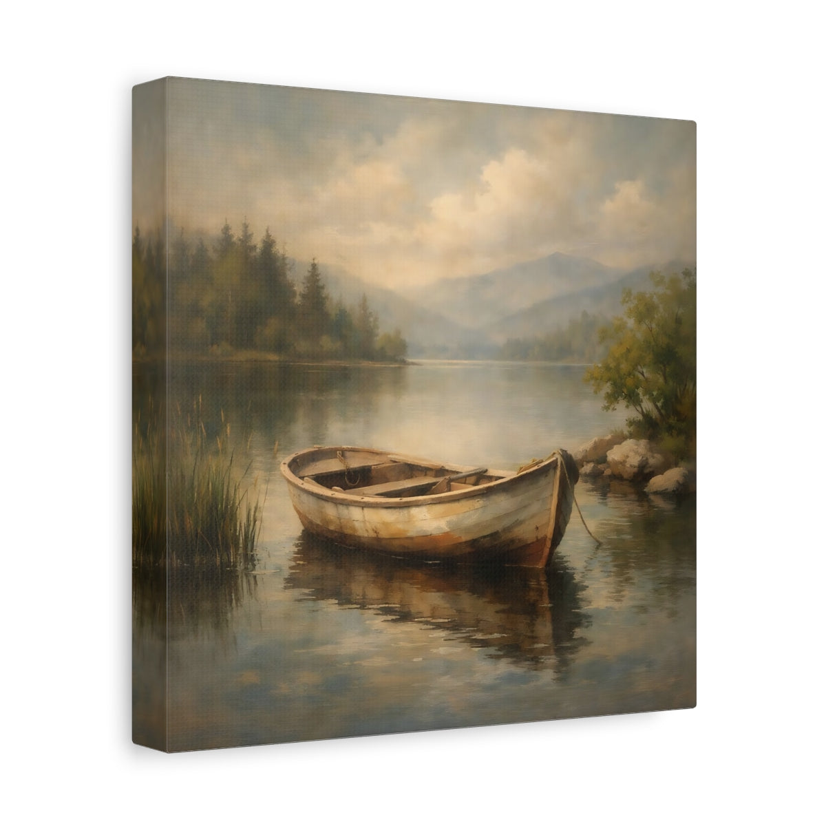 Side Mockup 9. Nature Rowboat Rowboat Lake Scene shown as stretched canvas wall art