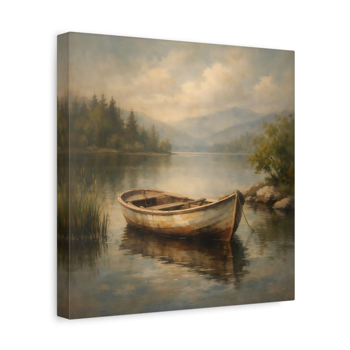 Side Mockup 8. Nature Rowboat Rowboat Lake Scene shown as stretched canvas wall art