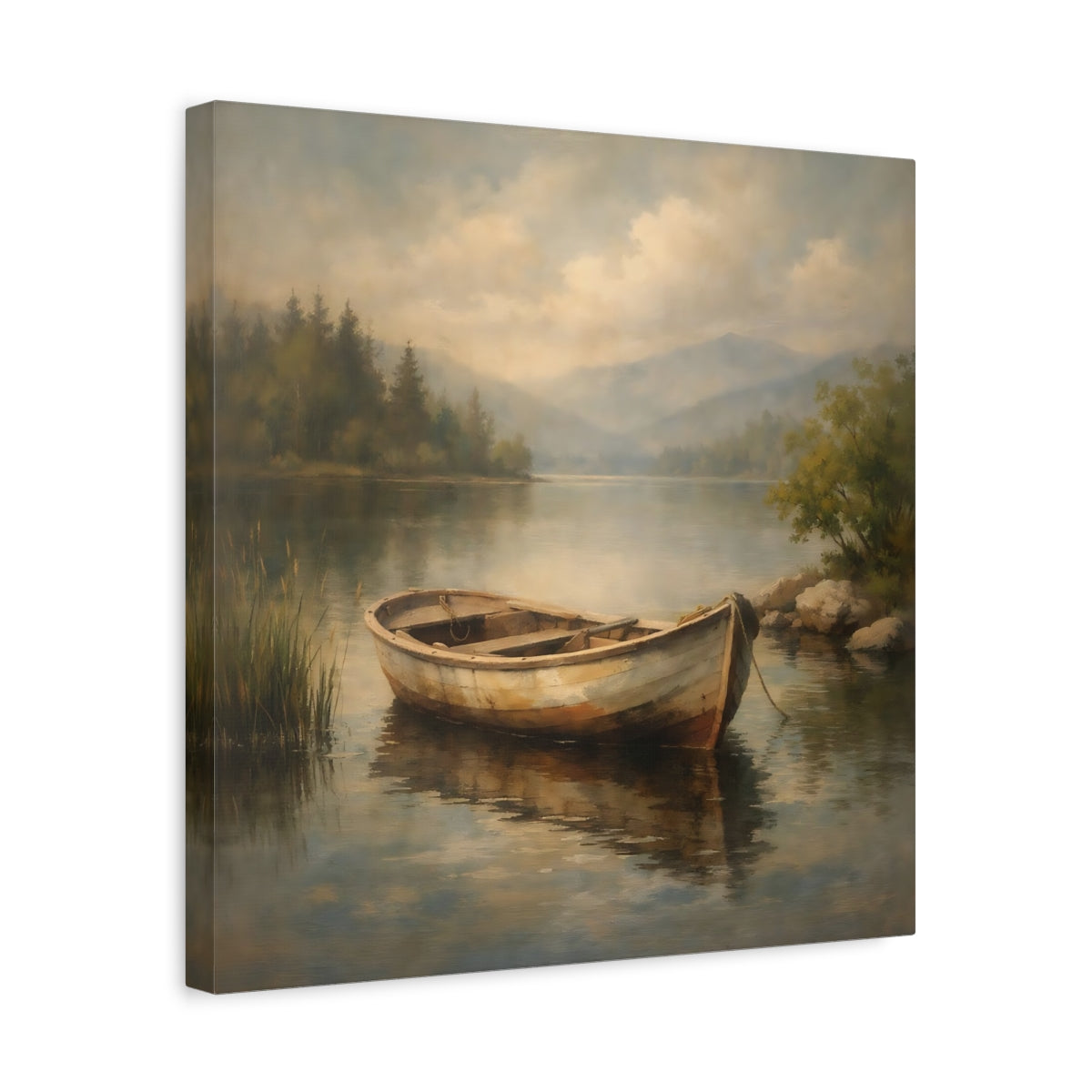 Side Mockup 6. Nature Rowboat Rowboat Lake Scene shown as stretched canvas wall art
