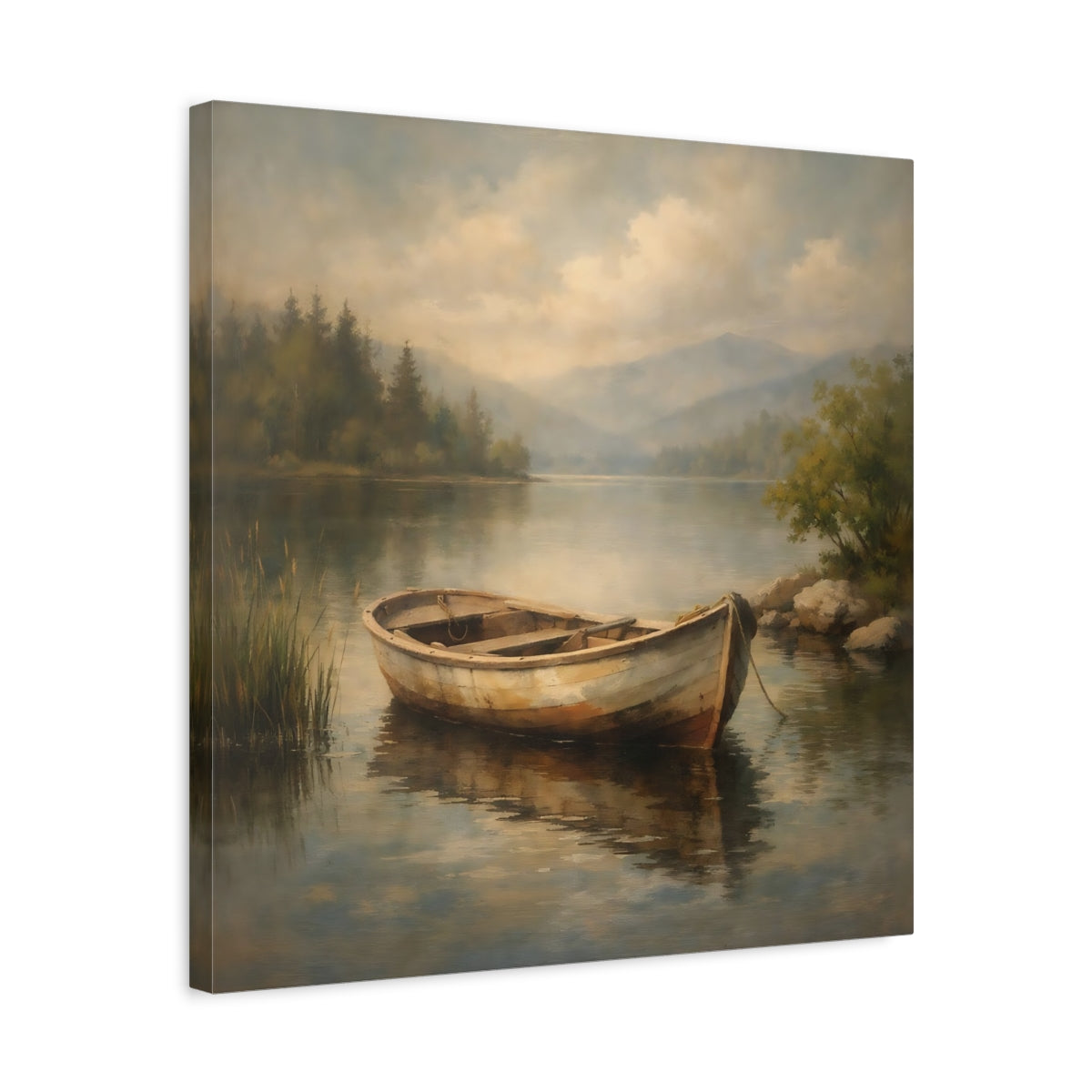 Side Mockup 5. Nature Rowboat Rowboat Lake Scene shown as stretched canvas wall art