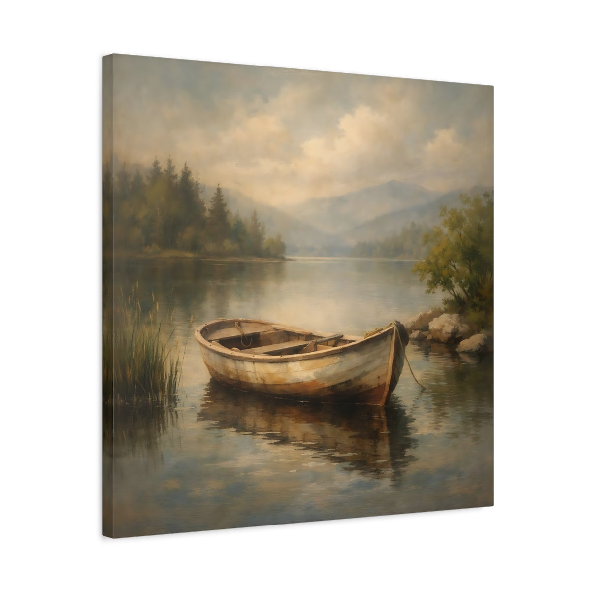 Side Mockup 4. Nature Rowboat Rowboat Lake Scene shown as stretched canvas wall art