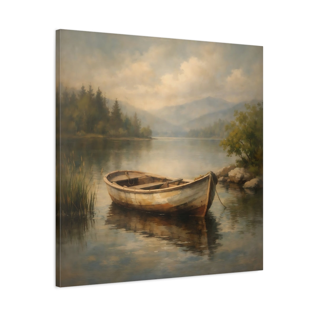 Side Mockup 3. Nature Rowboat Rowboat Lake Scene shown as stretched canvas wall art