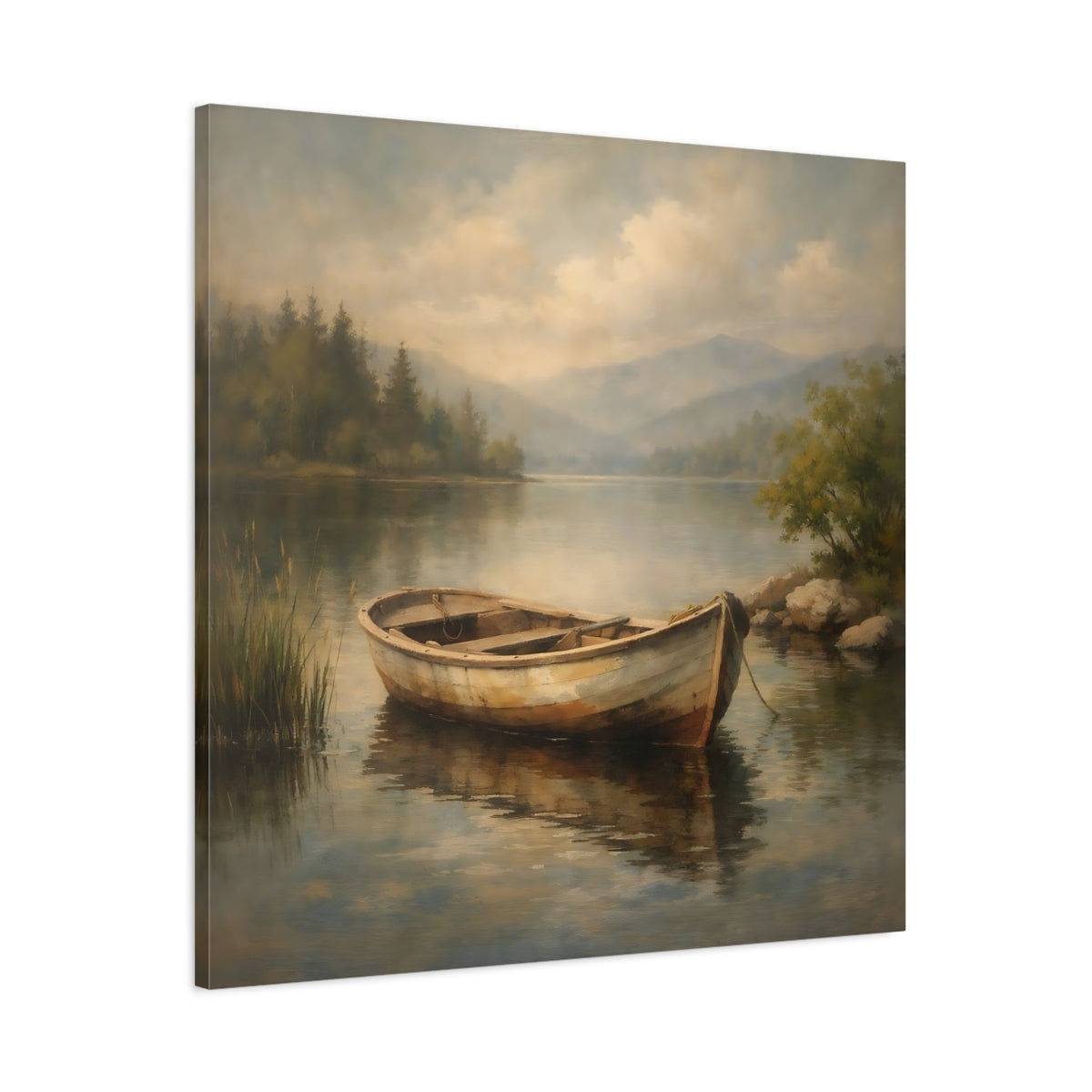 Side Mockup 2. Nature Rowboat Rowboat Lake Scene shown as stretched canvas wall art