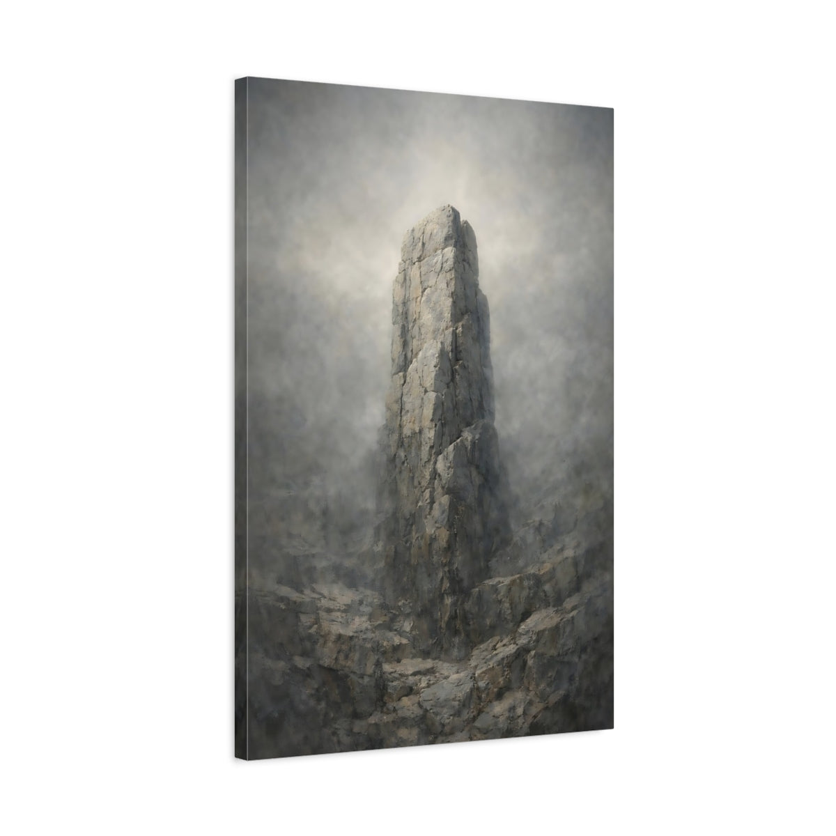 Side Mockup 2. Nature Rock Formation Misty Grey shown as stretched canvas wall art