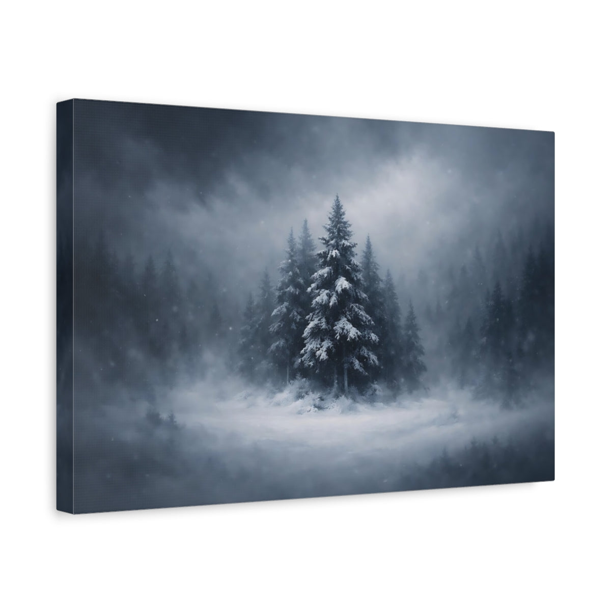 Dark Dramatic Snowy Trees Pine Nature - Canvas Wall Art Print