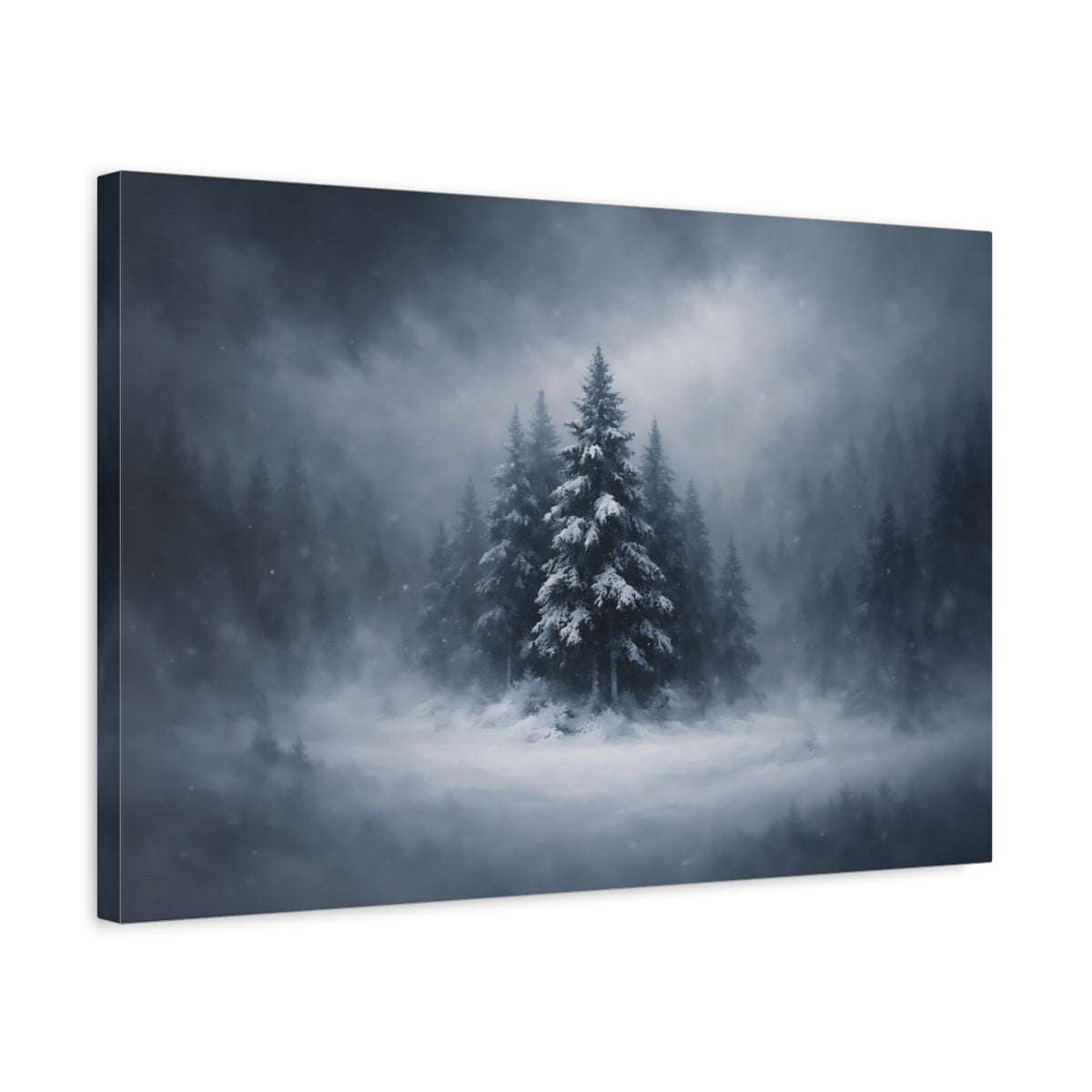 Dark Dramatic Snowy Trees Pine Nature - Canvas Wall Art Print