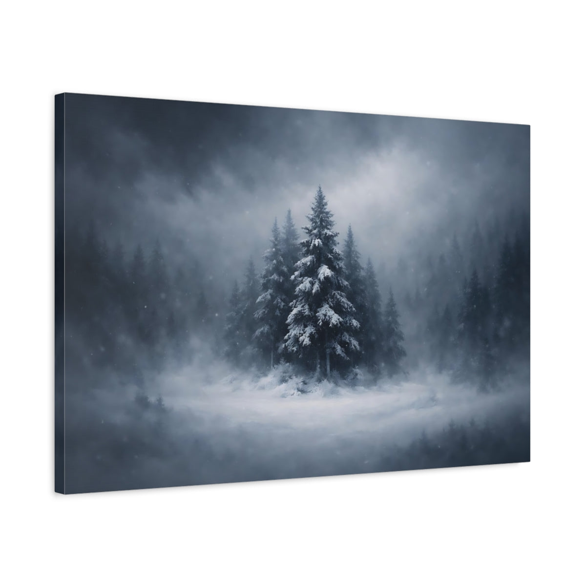 Dark Dramatic Snowy Trees Pine Nature - Canvas Wall Art Print