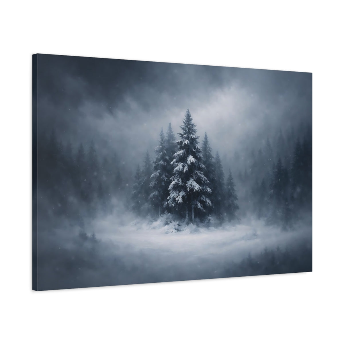 Dark Dramatic Snowy Trees Pine Nature - Canvas Wall Art Print