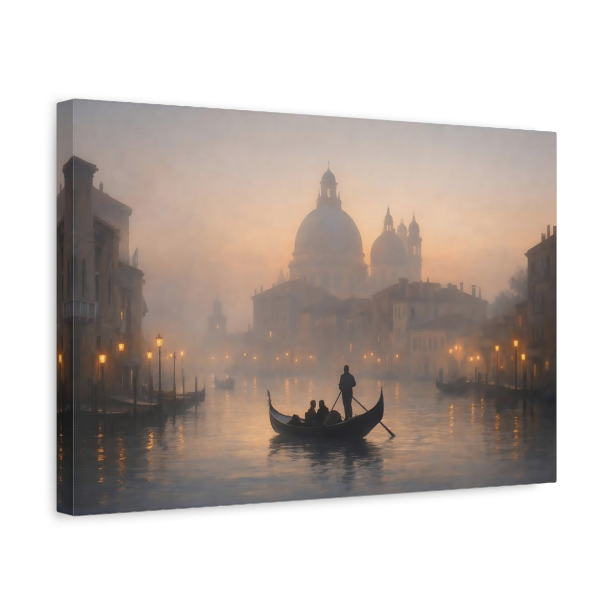 Side Mockup 4. Mist Depth Romantic Canal shown as stretched canvas wall art