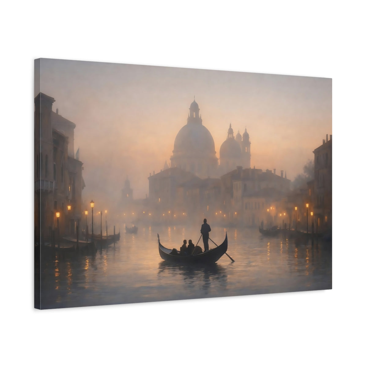 Side Mockup 2. Mist Depth Romantic Canal shown as stretched canvas wall art