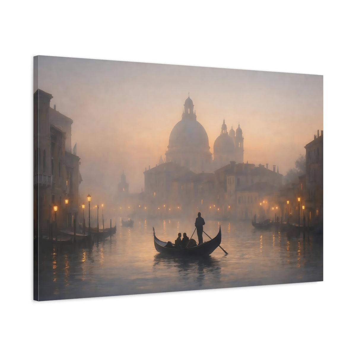 Side Mockup 1. Mist Depth Romantic Canal shown as stretched canvas wall art