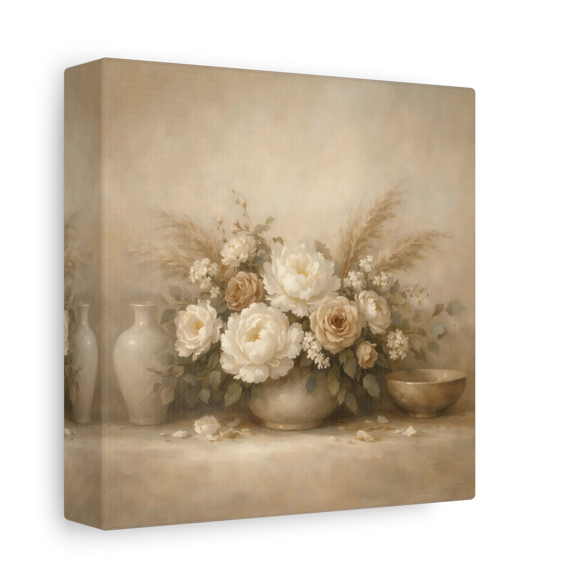 Side Mockup 1. Floral Floral Bouquet Vintage Beige Floral shown as stretched canvas wall art