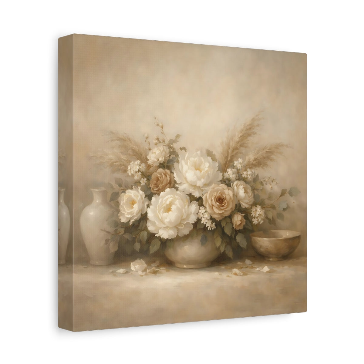 Side Mockup 9. Floral Floral Bouquet Vintage Beige Floral shown as stretched canvas wall art