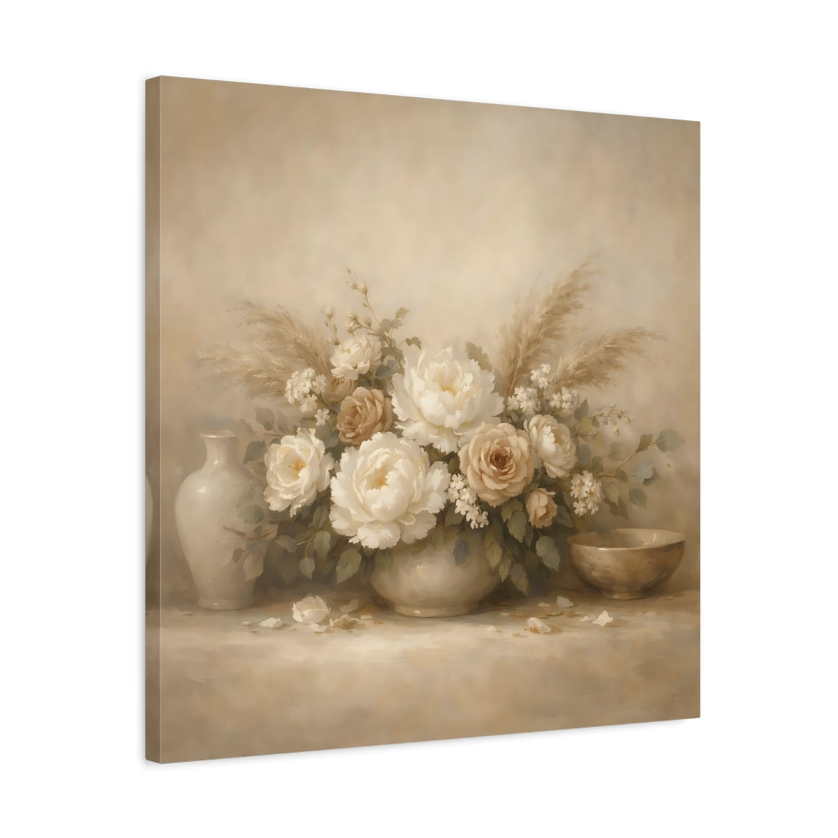 Side Mockup 4. Floral Floral Bouquet Vintage Beige Floral shown as stretched canvas wall art