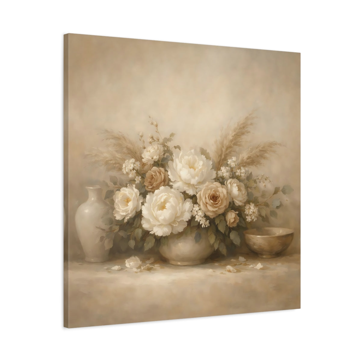 Side Mockup 3. Floral Floral Bouquet Vintage Beige Floral shown as stretched canvas wall art