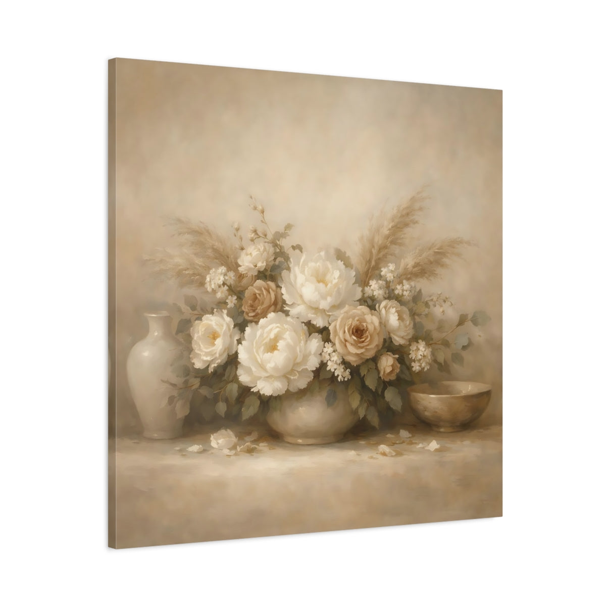 Side Mockup 2. Floral Floral Bouquet Vintage Beige Floral shown as stretched canvas wall art