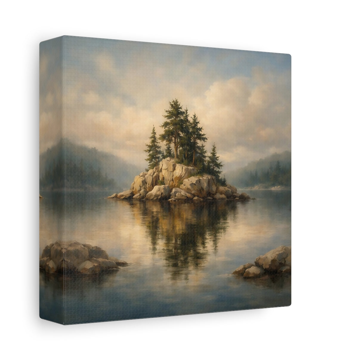 Side Mockup 1. Nature Rocky Island Lake And Island shown as stretched canvas wall art