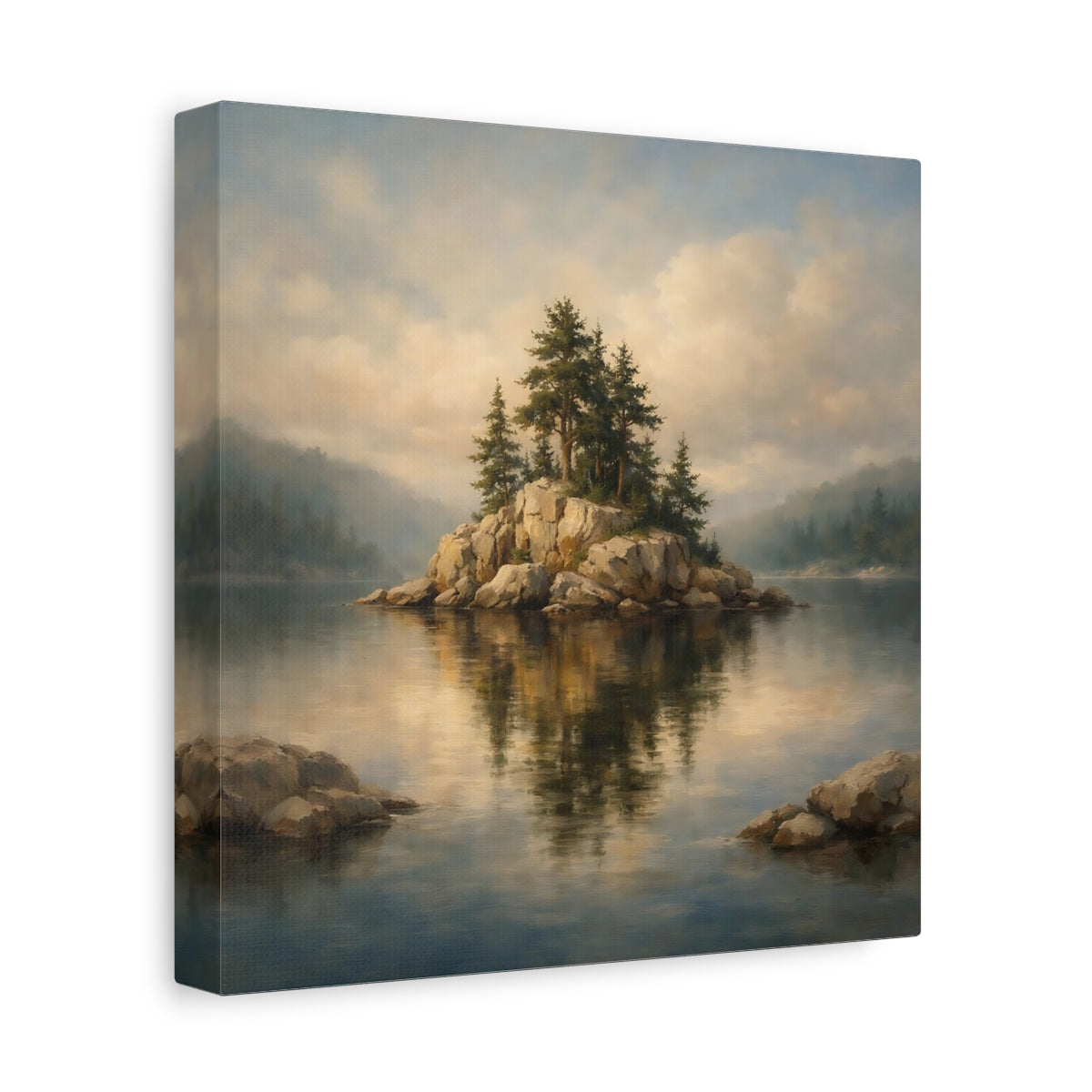 Side Mockup 9. Nature Rocky Island Lake And Island shown as stretched canvas wall art