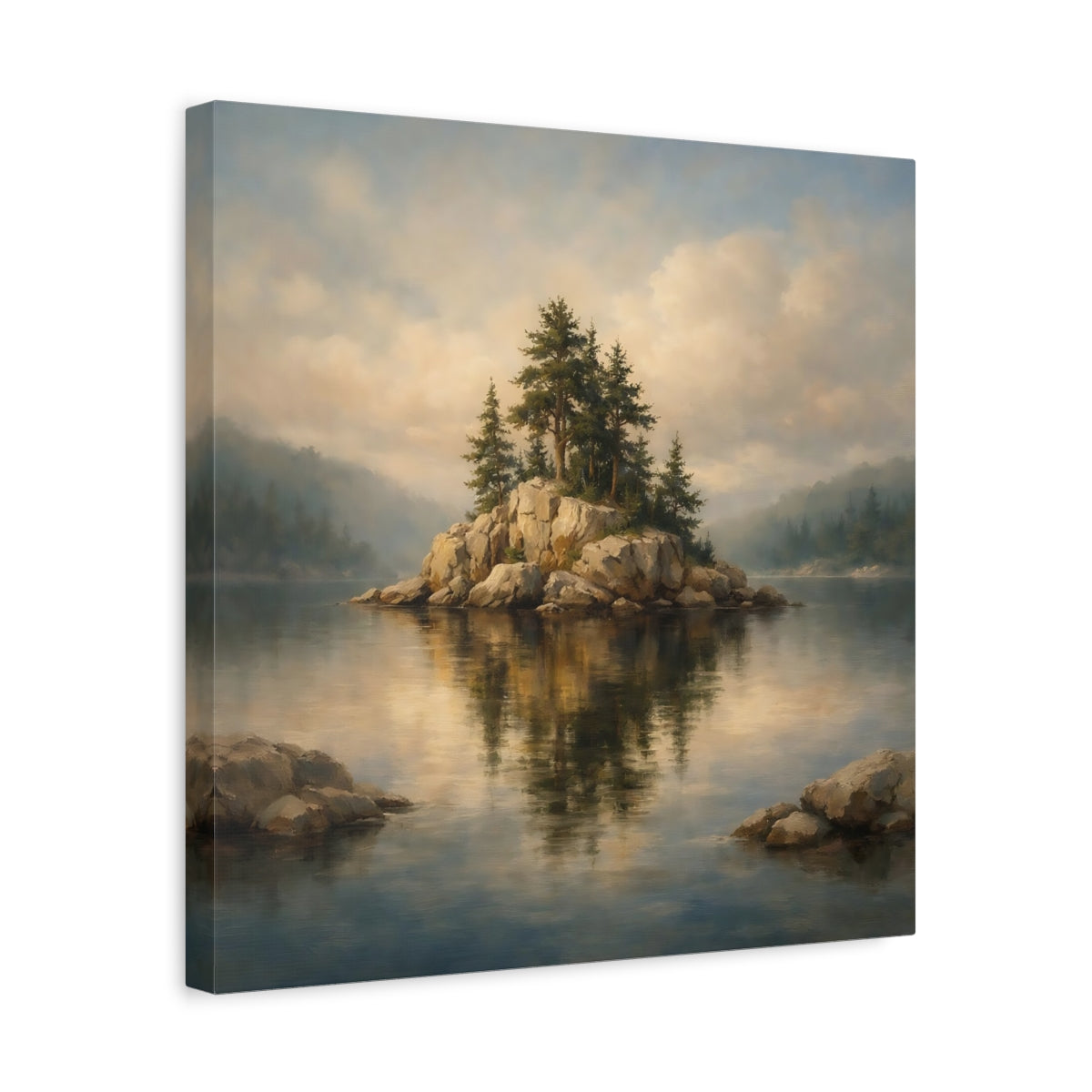 Side Mockup 6. Nature Rocky Island Lake And Island shown as stretched canvas wall art