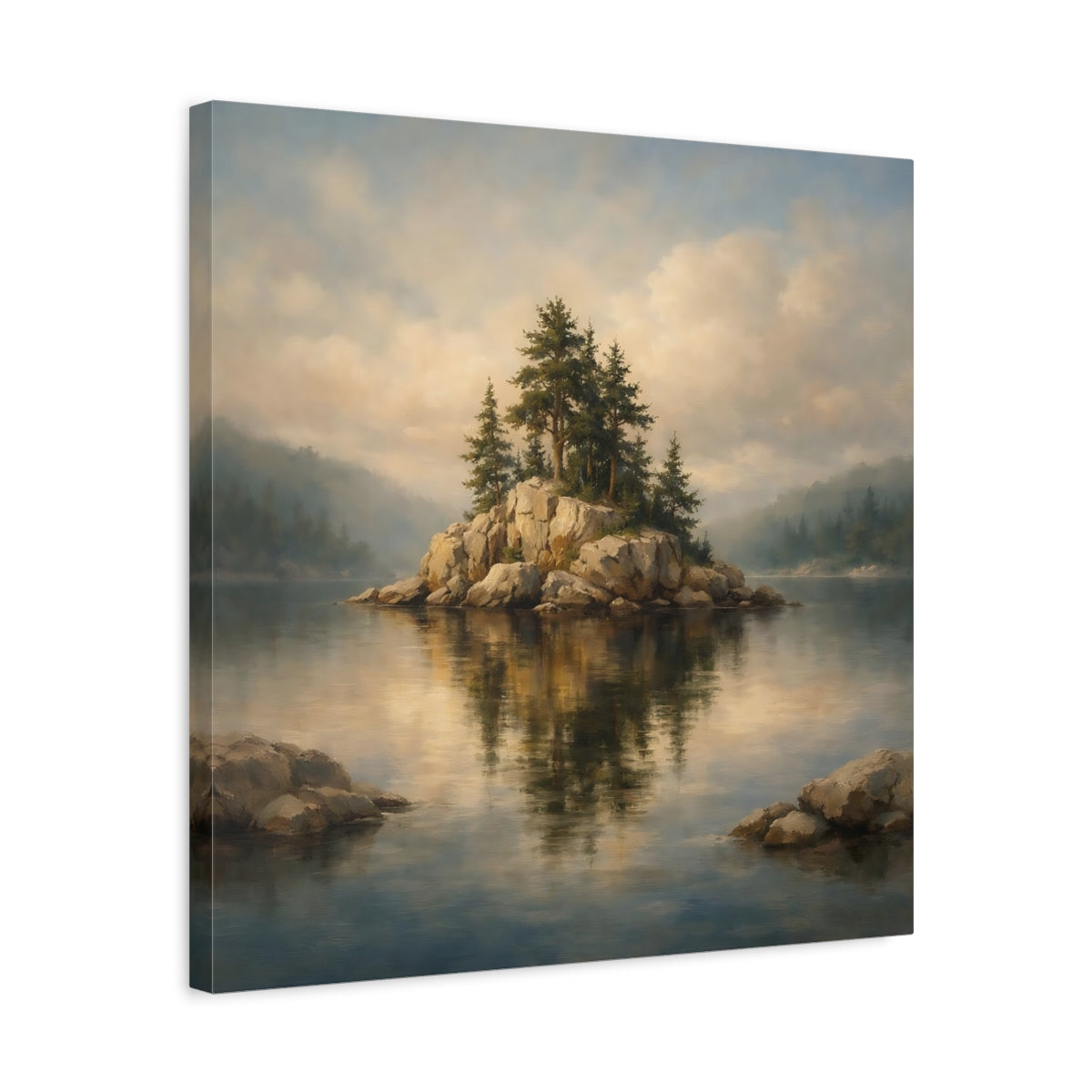 Side Mockup 5. Nature Rocky Island Lake And Island shown as stretched canvas wall art