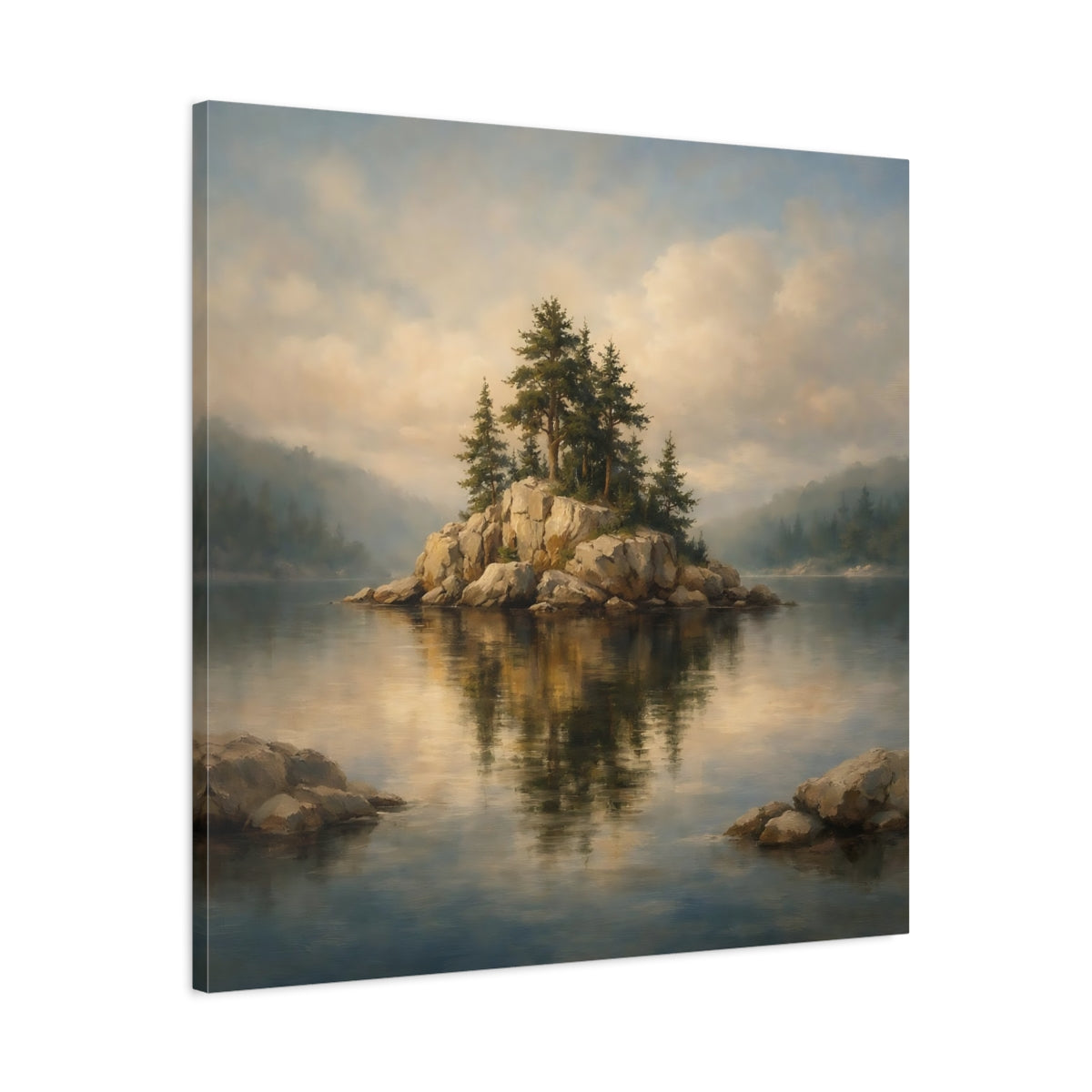 Side Mockup 3. Nature Rocky Island Lake And Island shown as stretched canvas wall art
