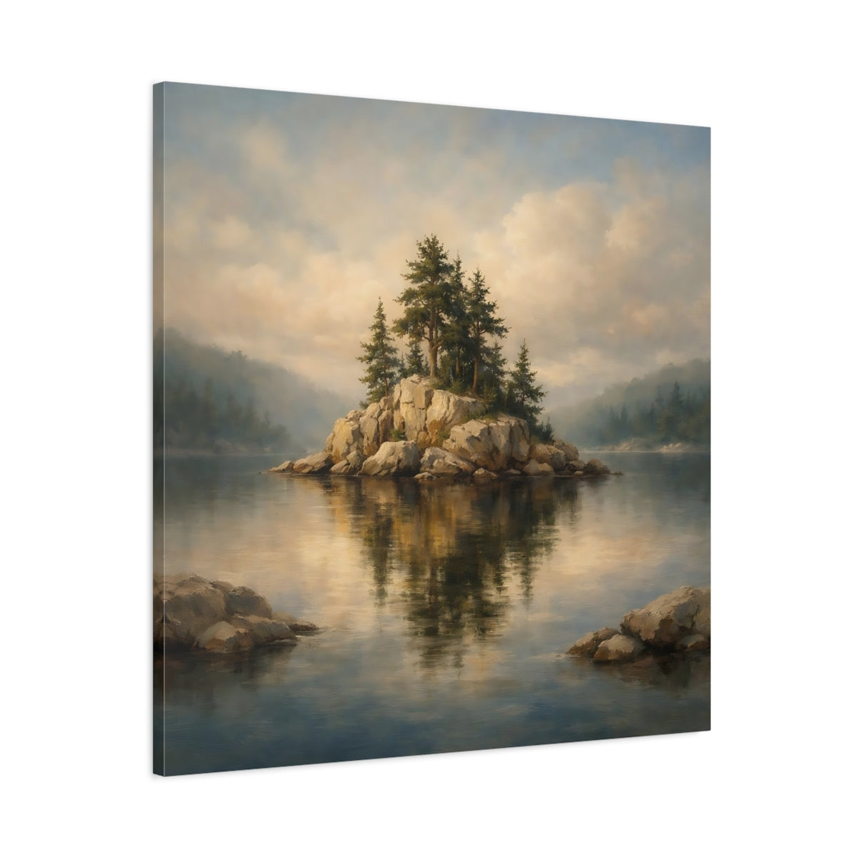 Side Mockup 2. Nature Rocky Island Lake And Island shown as stretched canvas wall art