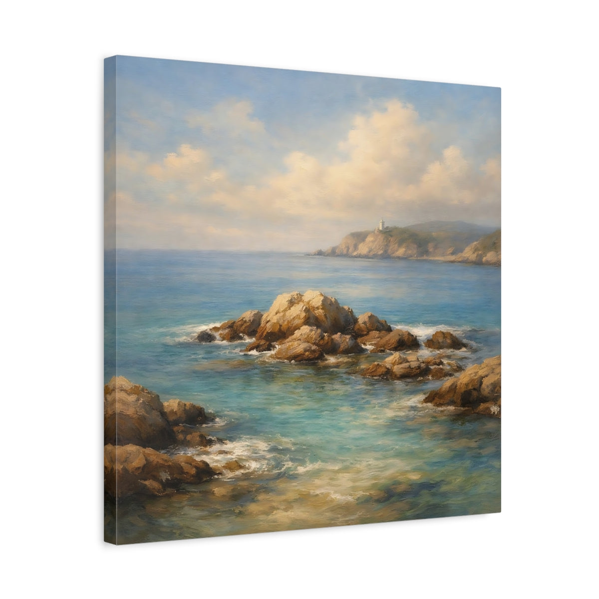 Side Mockup 5. Nature Seascape Blue Ocean Landscape shown as stretched canvas wall art