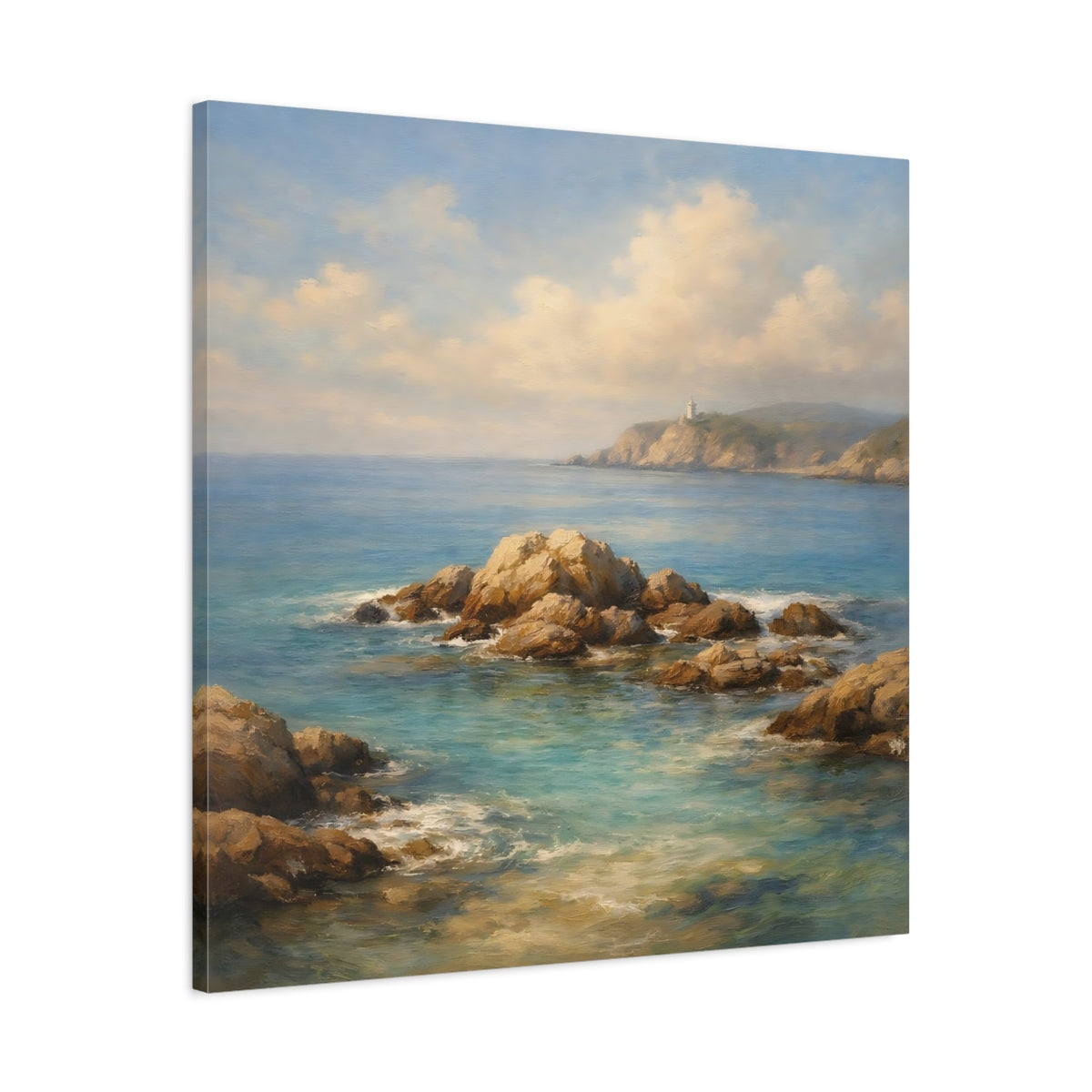 Side Mockup 3. Nature Seascape Blue Ocean Landscape shown as stretched canvas wall art