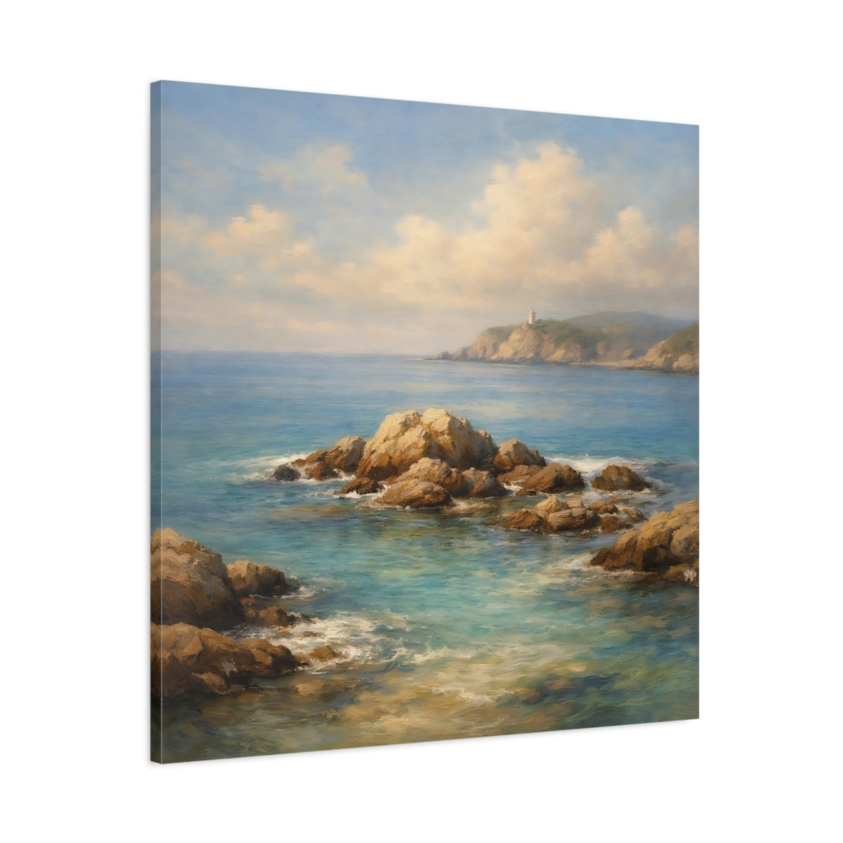 Side Mockup 2. Nature Seascape Blue Ocean Landscape shown as stretched canvas wall art