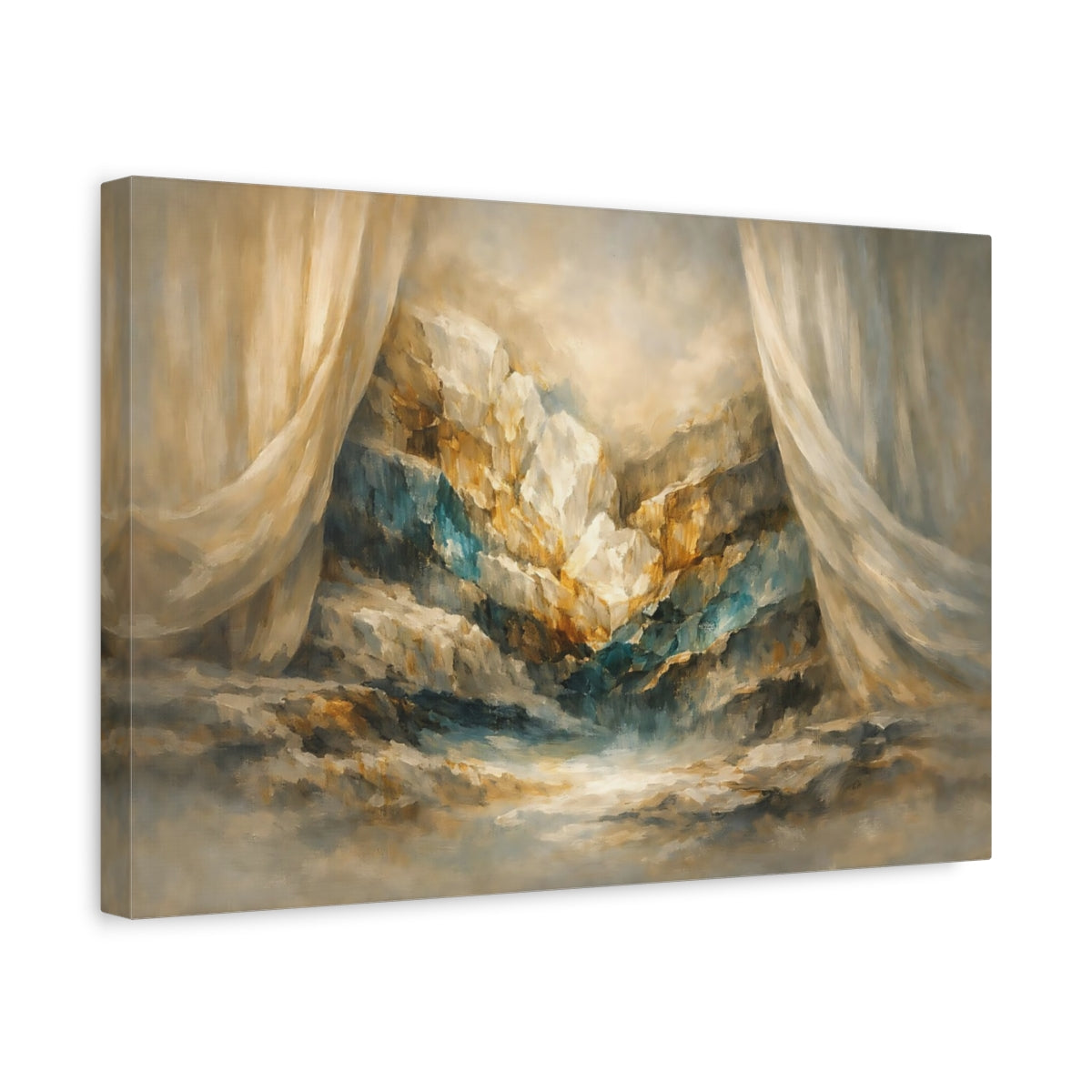 Side Mockup 4. Mineral Abstract Curtain Hard Light Cut shown as stretched canvas wall art
