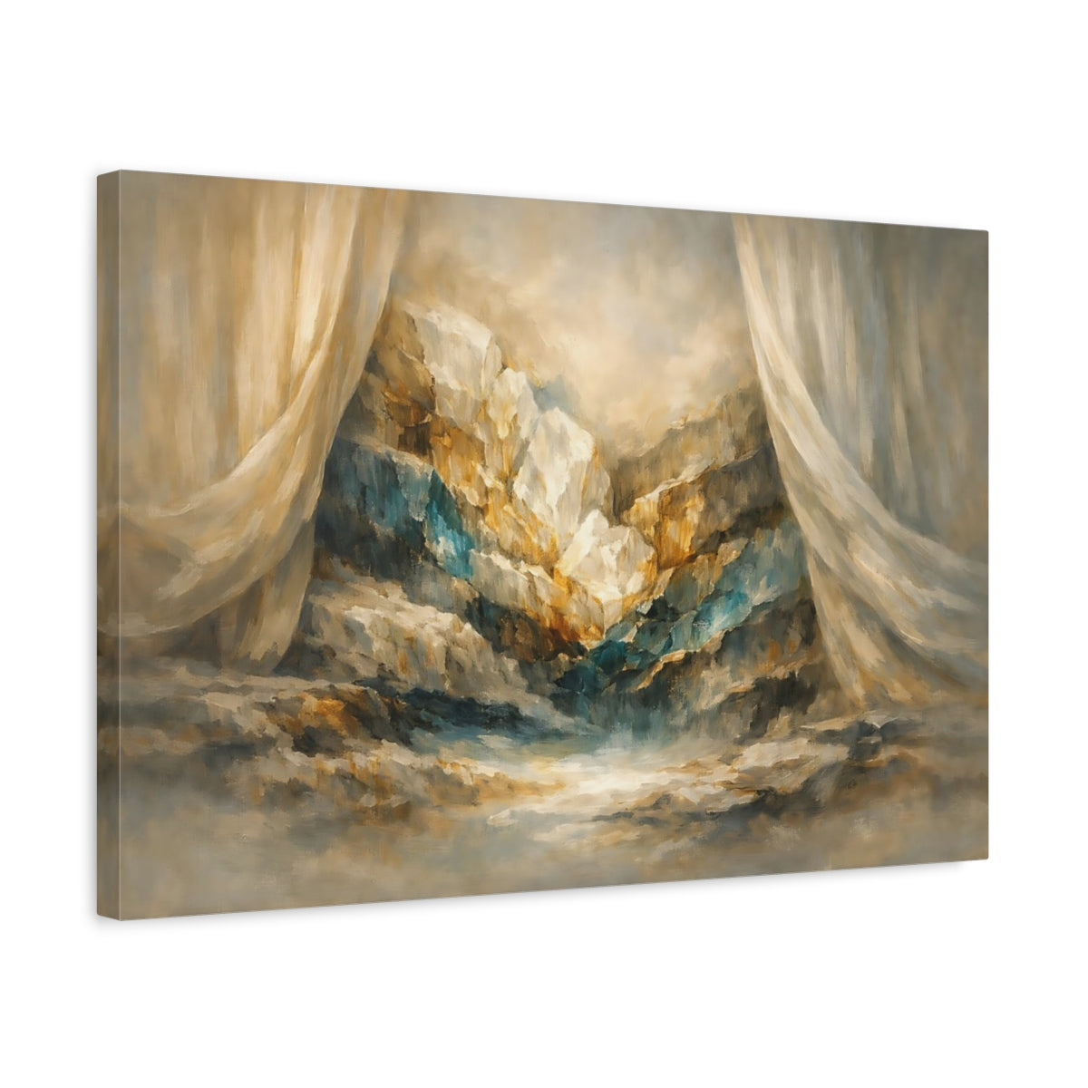 Side Mockup 3. Mineral Abstract Curtain Hard Light Cut shown as stretched canvas wall art
