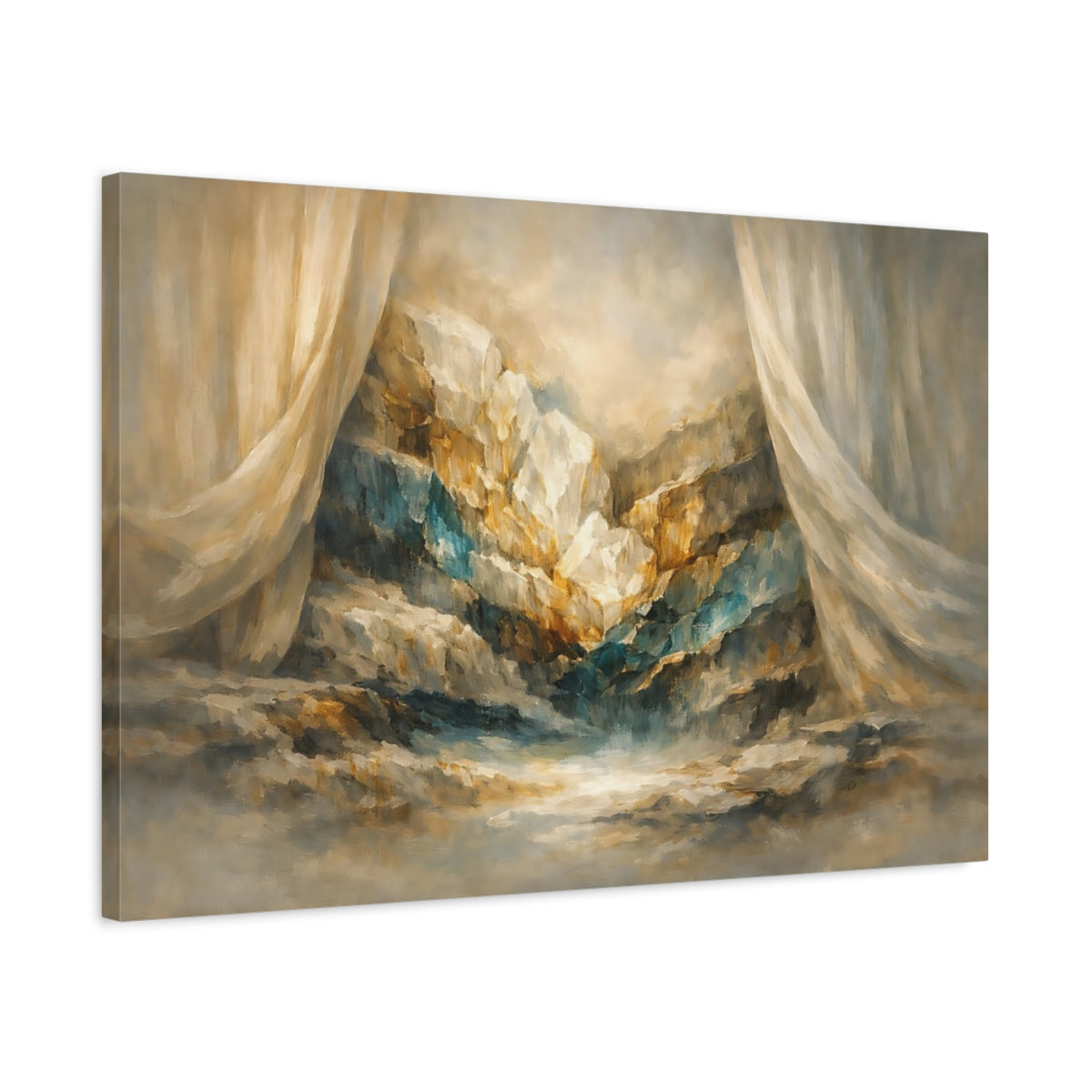 Side Mockup 2. Mineral Abstract Curtain Hard Light Cut shown as stretched canvas wall art