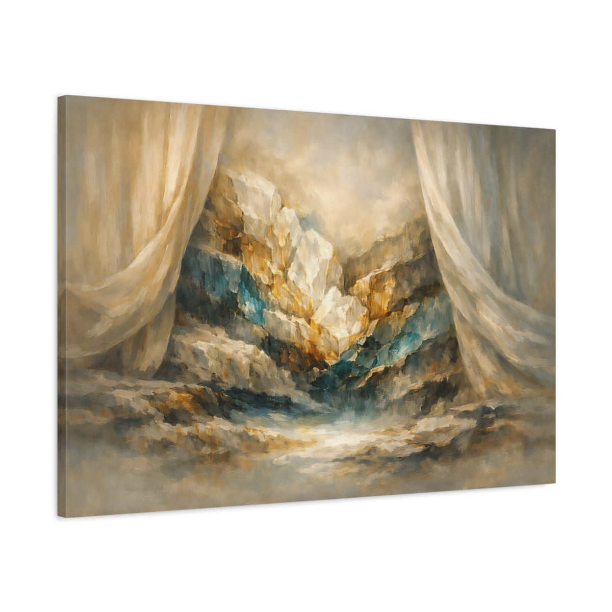 Side Mockup 1. Mineral Abstract Curtain Hard Light Cut shown as stretched canvas wall art