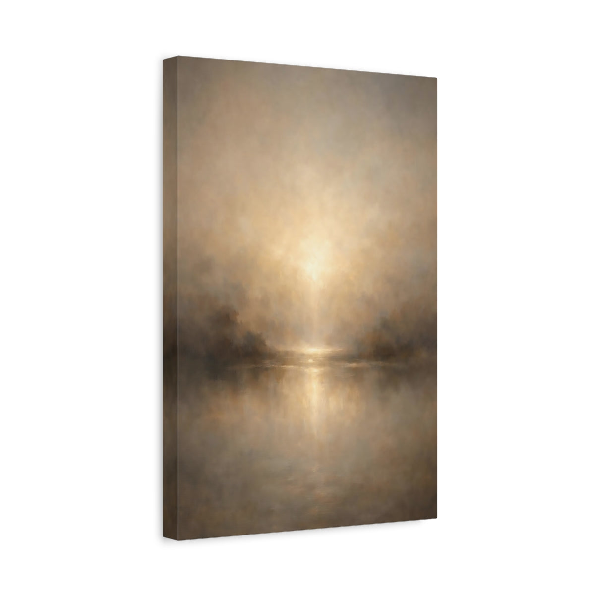 Side Mockup 4. Nature Misty Lake Brown And Gold shown as stretched canvas wall art