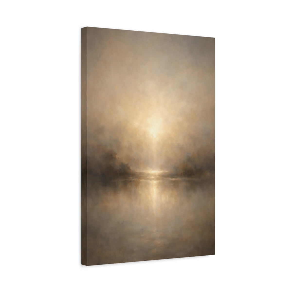 Side Mockup 3. Nature Misty Lake Brown And Gold shown as stretched canvas wall art