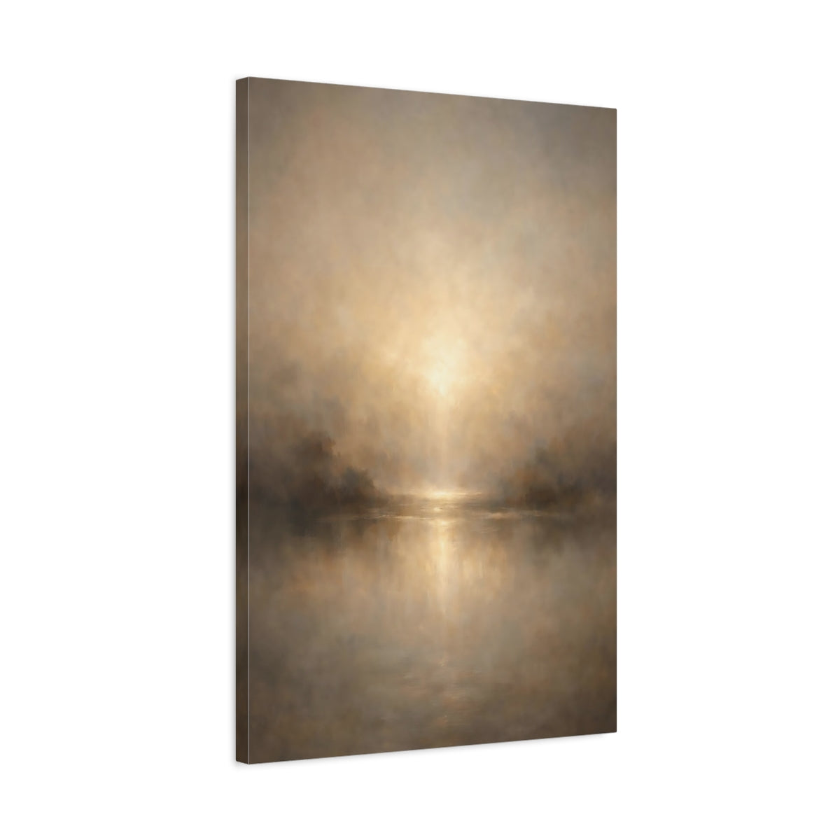Side Mockup 2. Nature Misty Lake Brown And Gold shown as stretched canvas wall art