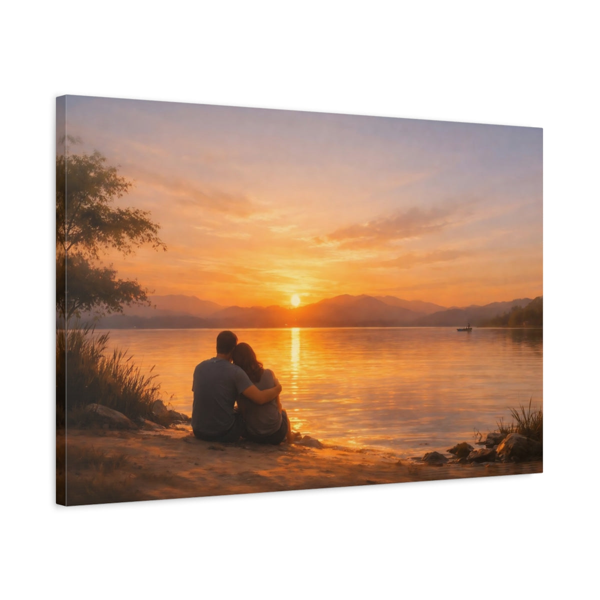 Golden Glow Sunset Reflection Couple Nature - Canvas Wall Art Print