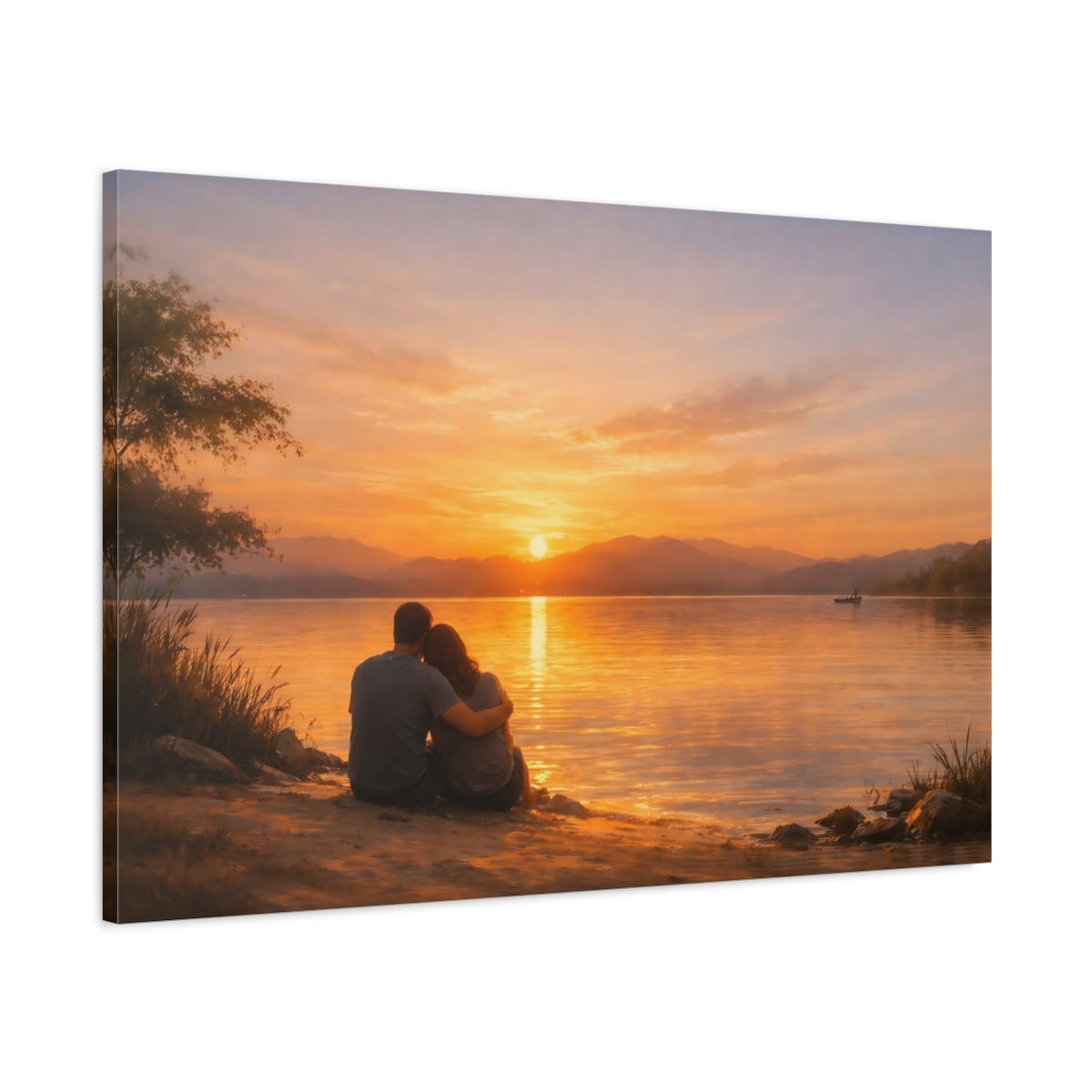 Golden Glow Sunset Reflection Couple Nature - Canvas Wall Art Print