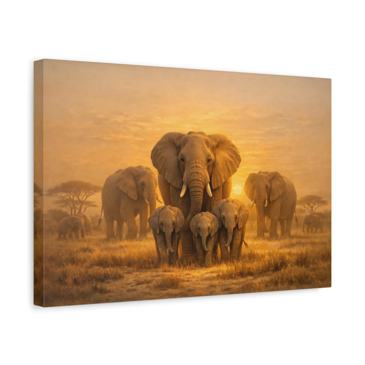 Golden Glow Elephant Family Animals - Canvas Wall Art Print