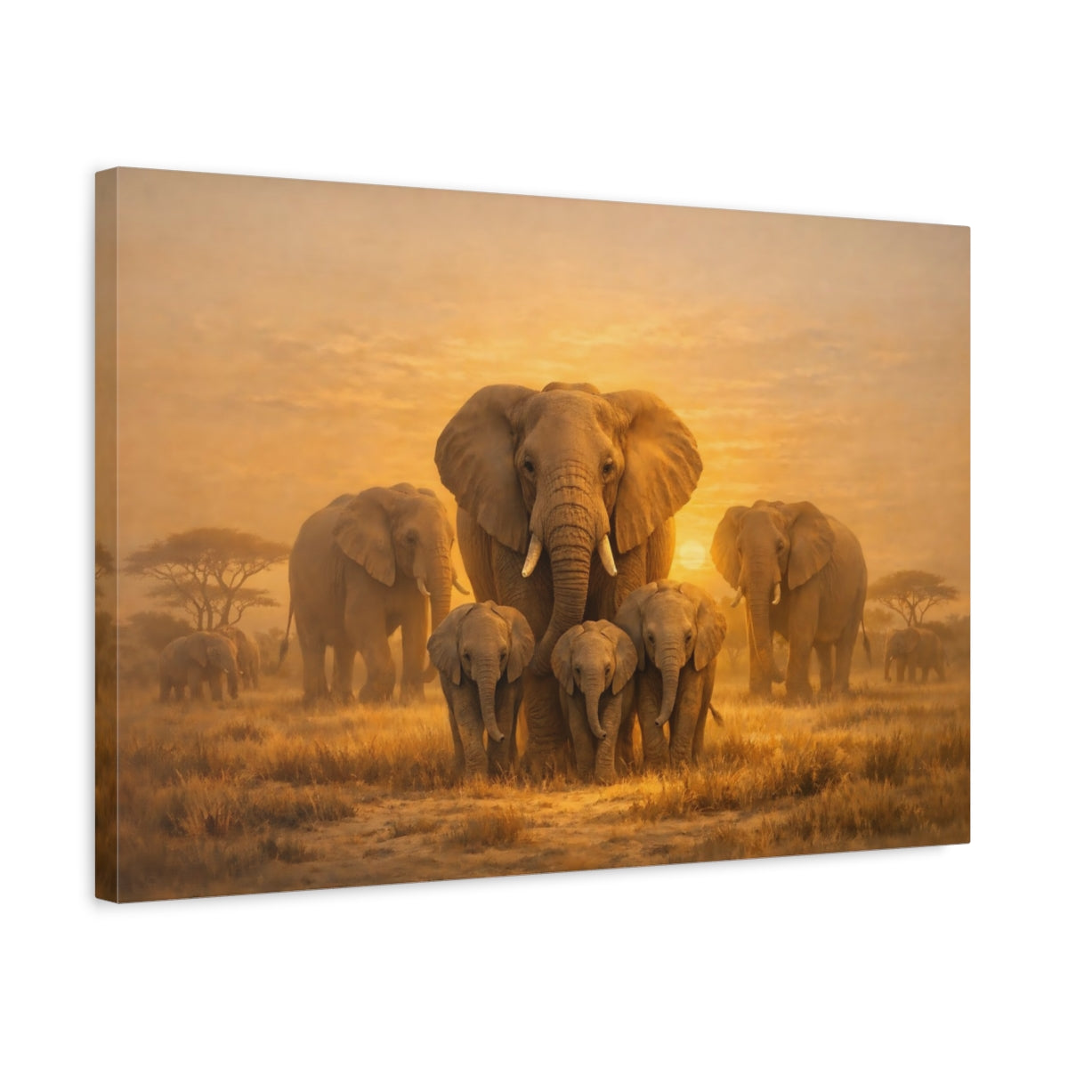 Golden Glow Elephant Family Animals - Canvas Wall Art Print